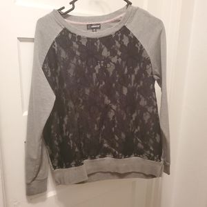 Grey long sleeve top with black lace front